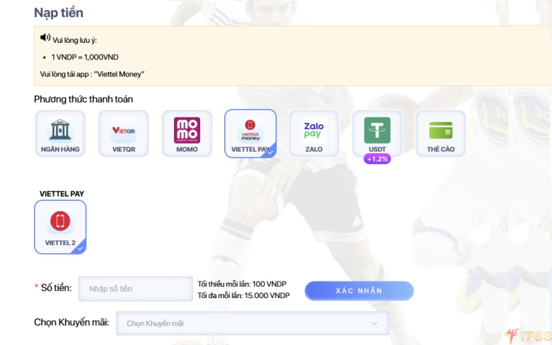 Cách nạp tiền nhà cái TF88 qua Viettel Pay