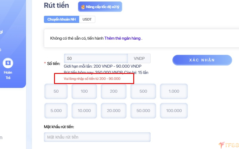 Điều kiện rút tiền nhà cái TF88